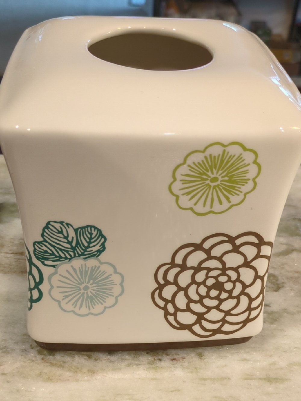Ceramic Floral Tissue Box Cover in White with Green and Brown Flowers